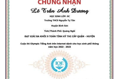 Chứng nhận học sinh Trường THCS Nguyễn Tự Tân đạt giải IOE toàn tỉnh kỳ thi cấp huyện năm học 2022-2023